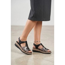 Ayakkabı Fuarı Elit 26YRHM451 Kadın Hakiki Deri Ortopedik Düz Sandalet Siyah