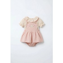 Magu Kız Bebek Pamuklu Pudra Tavşan Nakışlı Elbise