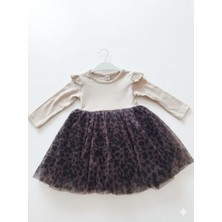 Lina Baby Bloomm Kız Çocuk Krem  Alt  Leopar Desenli Tütü Etekli Elbise Şık Tasarım