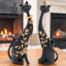 Elifeshop Lüks Siyah Altın Detaylı 2’li Kedi Biblo Seti 26 cm Reçine Dekoratif Heykel Ev Ofis Masa Üstü Hediye