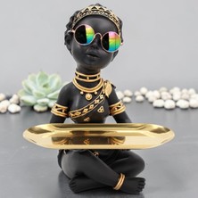 Elifeshop Afrikalı Kadın Biblo 28 cm Tepsili Anahtarlık Kase Siyah Altın Dekoratif Organizer Ev Ofis