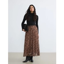 LC Waikiki Lcw Modest Kahverengi Beli Lastikli Desenli Pileli Etek