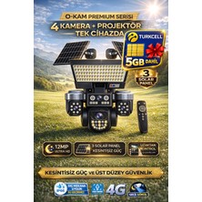 O-Kam OK334 Premium 12MP 4 Kameralı 4g 3 Solar Panel Aov Gece Görüş Sesli Konuşma Akıllı Kamera ve Kumandalı Projektör Turkcell Sim Kart