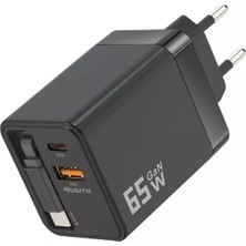 4berry Gan Pro Charge 65W Hızlı Şarj Adaptörü Type-C + Usb-A + Dahili Kablo