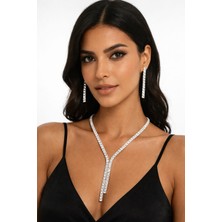 Klc Takı Kadın Gümüş Renk Model Su Yolu Zirkon Taşlı Kolye Küpe Seti