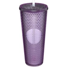 Calperia 750 ml Kapaklı Pipetli Soğuk Içecek Bardağı - Mor Kristal Desenli