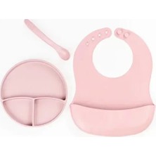 Prativas Pembe 3’lü Silikon Yemek Seti – Önlük + Kaşıyıcılı Kaşık + Vakumlu Tabak