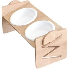 Calperia Ayarlanabilir Ahşap ve Plastik Taslı Kedi Köpek Mama ve Su Kabı - Beyaz
