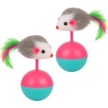 Calperia Tüylü Fareli Denge Topu - 2'li Kedi Oyuncağı Seti, Devrilmez Taban, Renkli