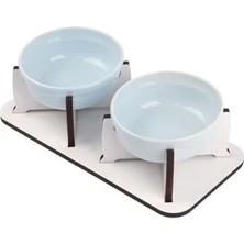 Calperia Ahşap Ayrılabilir Tabanlı Kedi Köpek Mama Kabı Seti, Mavi Seramik