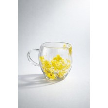Zürih Collection Kurutulmuş Canlı Çiçekli Çift Cidarlı Çay Kupası Kahve Kupası Sarı Ortanca Çiçeği Çay Bardağı Hediyelik 250 ml