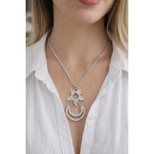 KLC Takı Kadın Kolye Gümüş Renk Model Ay Yıldız Taşlı Kolye  Set