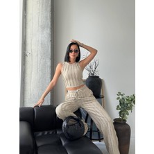 Mabel Giyim Fır Fır Dokulu Crop Pantolon Takım