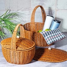 Calperia Kapaklı Hasır Piknik Sepeti Seti, 2'li, 27 cm Genişlik, 14 cm Uzunluk