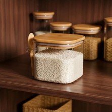 Calperia 600 ml Bambu Kapaklı Cam Kavanoz - Kaşıklı Tasarım, Vakumlu Kapak