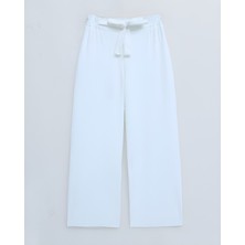 Moda Morfo Duble Kumaş Beli Kuşaklı Bol Paça Pantolon  -Beyaz