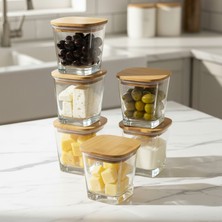 Amandus Lina - 6'lı Naturel Bambu Vakum Kapaklı Cam Kahvalılık Çok Amaçlı Saklama Kabı Çerezlik 300'ML