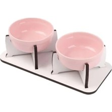 Calperia Ahşap Tabanlı Kaymaz Mama ve Su Kabı Seti (2'li, Pembe Seramik)