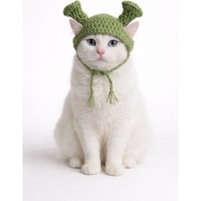 Shrek Temalı El Yapımı Örgü Pet Şapkası – Ayarlanabilir Bağcıklı Yeşil Kedi ve Köpek Aksesuarı