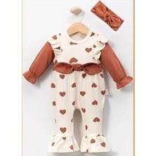 Cacobebiş Büyük Kalp Baskılı Bandanalı Fitilli Ispanyol Paça Kız Bebek Tulum Kahve-Bej