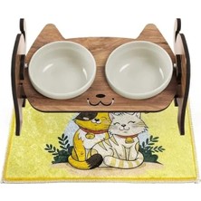 Calperia Ahşap Kedi Mama ve Su Kabı ile Kedi-Köpek Paspası - Çift Hazneli Seramik