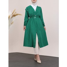 Moda Morfo Kolu ve Beli Lastikli Çıtçıtlı Keten Kap -Yeşil