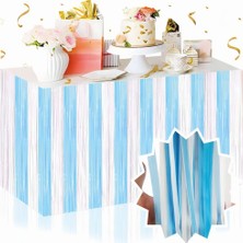 Deha Parti Dekoratif Püsküllü Masa Eteği Mavi Geçişli 240X75 cm Parti Süsü