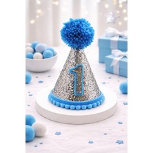 Deha Parti Şapka Jüt Model Ponponlu 1 Yaş Simli Mavi Doğum Günü