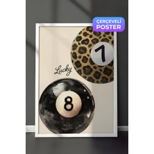 Zestia Beyaz Çerçeveli  Duvar Tablosu Lucky Yazılı Leopar Desenli Bilardo Topu Sulu Boya Salon Dekoru