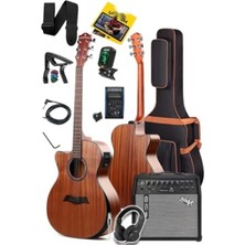 Calperia Masif Ağaç Elektro Akustik Gitar Seti 50W Amfi ile