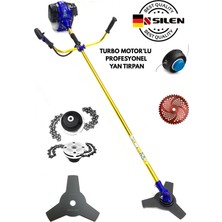 Silen Turbo Motorlu Benzinli Yan Tırpan Ot Çalı Çim Biçme Makinesi + Zincirli Canavar Başlık + Üçgen Bıçak Aparatı 6,8 Hp