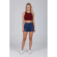 Kadın Bordo Kalın Askılı U Yaka Pamuklu Fitilli Likralı Kaşkorse Crop Atlet Bluz