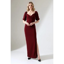 Kadın Krep Kumaş Kruvaze Yaka Balon Kol Yırtmaç Detaylı Maxi Elbise