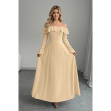 Kadın Madonna Yaka Fırfır Detay Uzun Kollu Krep Kumaş Elbise