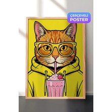 Zestia Ahşap Çerçeveli  Duvar Tablosu Neon Sarı Pop Art Gözlüklü Kedi Çocuk Odası Dekoru