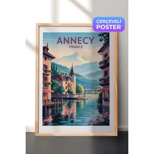 Zestia Ahşap Çerçeveli  Duvar Tablosu Annecy Fransa Göl ve Dağ Manzarası Salon Dekoru