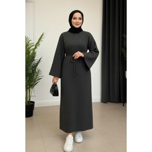 Kadın Gri Ribanalı / Fitilli Uzun Tesettürlü Kışlık Elbise - Çan Kol Detaylı (Astarlı/örme)