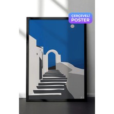 Zestia Siyah Çerçeveli Duvar Tablosu Akdeniz Merdivenleri ve Beyaz Mimari Minimal Kompozisyon Salon Dekoru