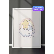 Zestia Beyaz Çerçeveli  Duvar Tablosu Bulut Üstünde Uyuyan Yıldız ve Pastel Gökkuşağı Çocuk Odası Dekoru