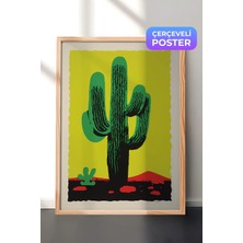 Zestia Ahşap Çerçeveli Duvar Tablosu Canlı Yeşil Kaktüs Grafik Botanik Poster Salon Dekoru