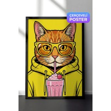 Zestia Siyah Çerçeveli  Duvar Tablosu Neon Sarı Pop Art Gözlüklü Kedi Çocuk Odası Dekoru