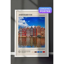 Zestia Beyaz Çerçeveli  Duvar Tablosu Amsterdam Kanal Evleri Renkli Şehir Manzarası Salon Dekoru