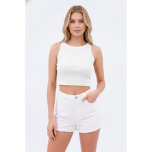 Kadın Beyaz Halter Yaka Omuz Dekolteli Pencere Detaylı Pamuklu Fitilli Kaşkorse Crop Bluz