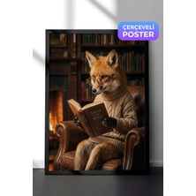 Zestia Siyah Çerçeveli  Duvar Tablosu Kitap Okuyan Bilge Tilki Portresi Çalışma Odası Dekoru
