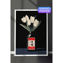 Zestia Beyaz Çerçeveli Duvar Tablosu Siyah Zemin Vazoda Beyaz Laleler Minimal Sanat Yatak Odası Dekoru