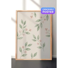 Zestia Ahşap Çerçeveli  Duvar Tablosu Pastel Yapraklar ve Pudra Çiçekler Sulu Boya Deseni Mutfak Dekoru