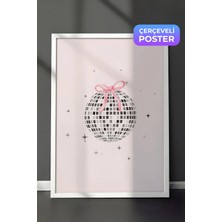 Zestia Beyaz Çerçeveli Duvar Tablosu Pembe Fiyonklu Disko Topu Retro Pop Sanat Illüstrasyonu Salon Dekoru