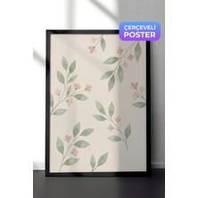 Zestia Siyah Çerçeveli  Duvar Tablosu Pastel Yapraklar ve Pudra Çiçekler Sulu Boya Deseni Mutfak Dekoru