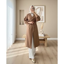 Moda Morfo Kolu Lastikli Kemerli Astarlı Trençkot -Taba