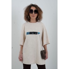 Zelish My Sister Taş Kedi Göz Baskılı Soluk Efektli Oversize Tshirt